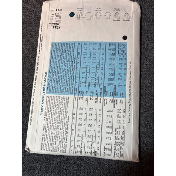 Vogue Sewing Pattern 7752 Womens Shirt Skirt & Cardigan Size 8-10-12 - Picture 3 of 5